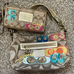 Coach Brown Clutch with Signature Print and Gold Hardware